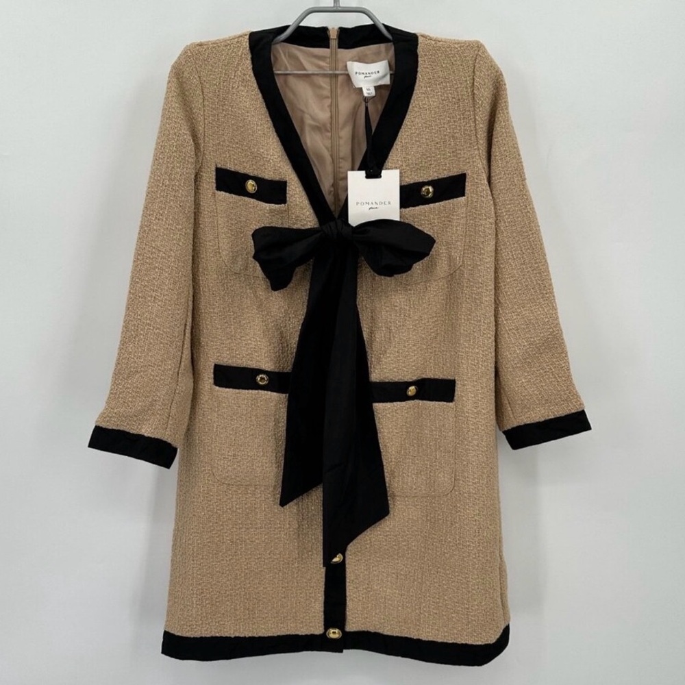 Pomander Place by Tuckernuck Tan Coco Tweed Bow Dress XS Long Sleeve NWT